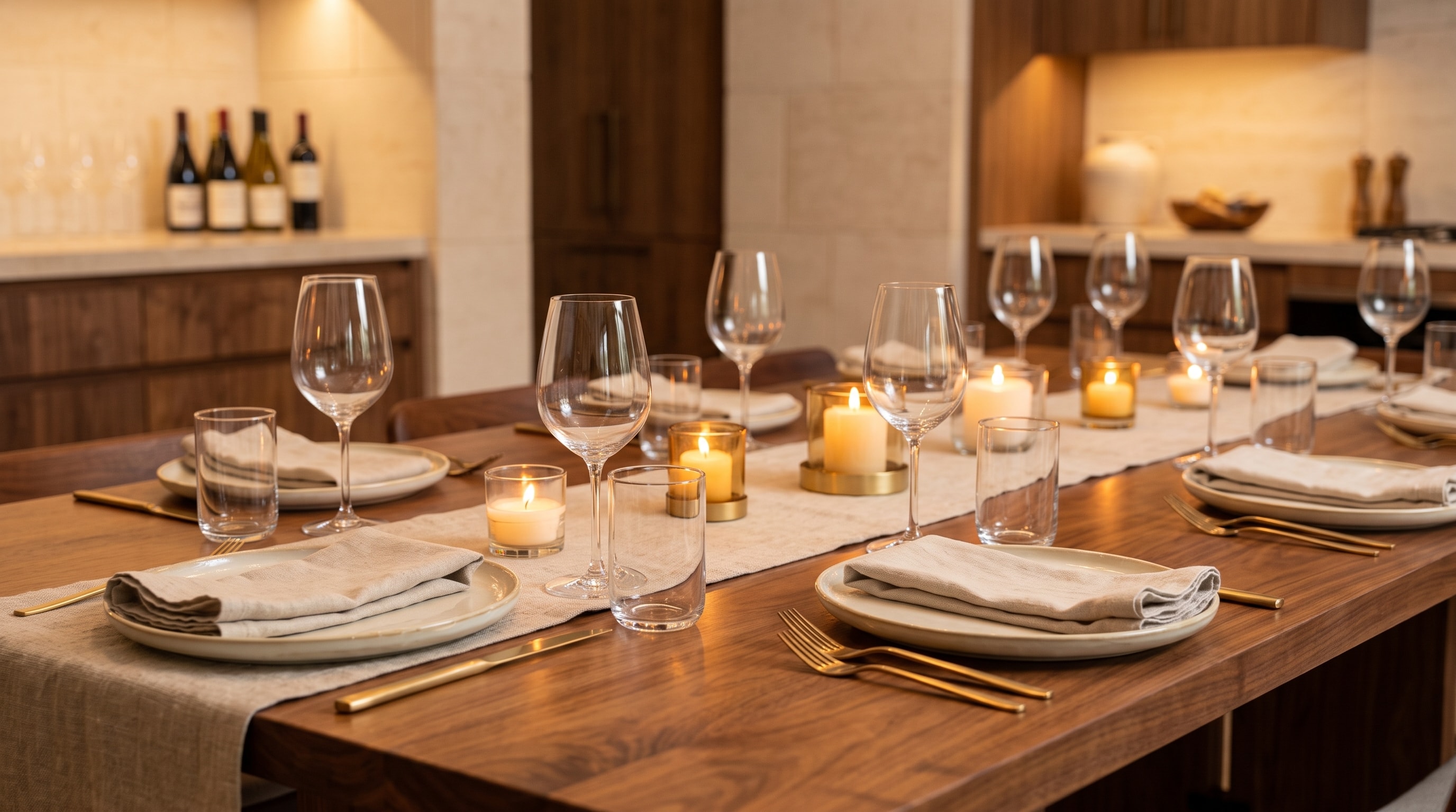 Elegantly set dinner table with candles
