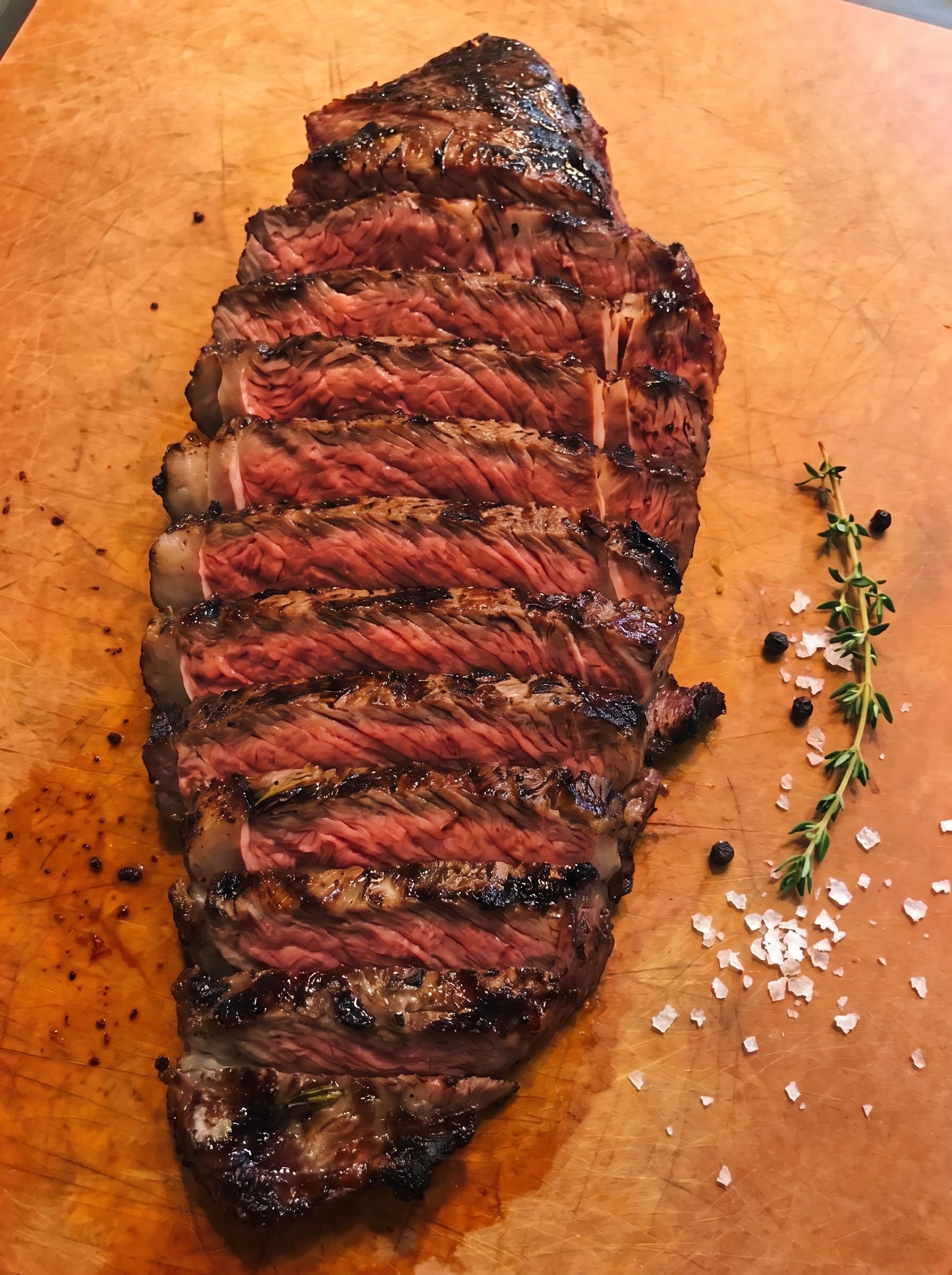 Sliced steak on a cutting board