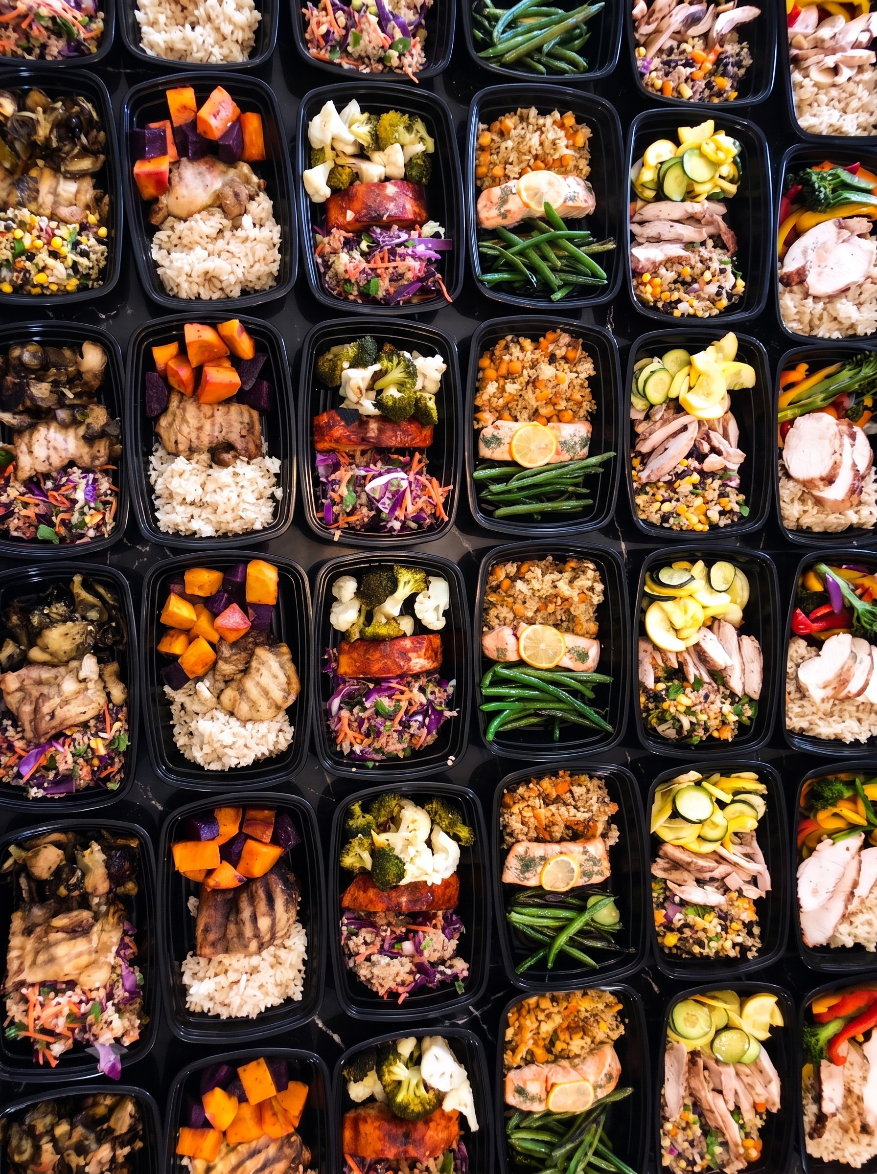 Weekly meal prep containers with protein, grains, and vegetables