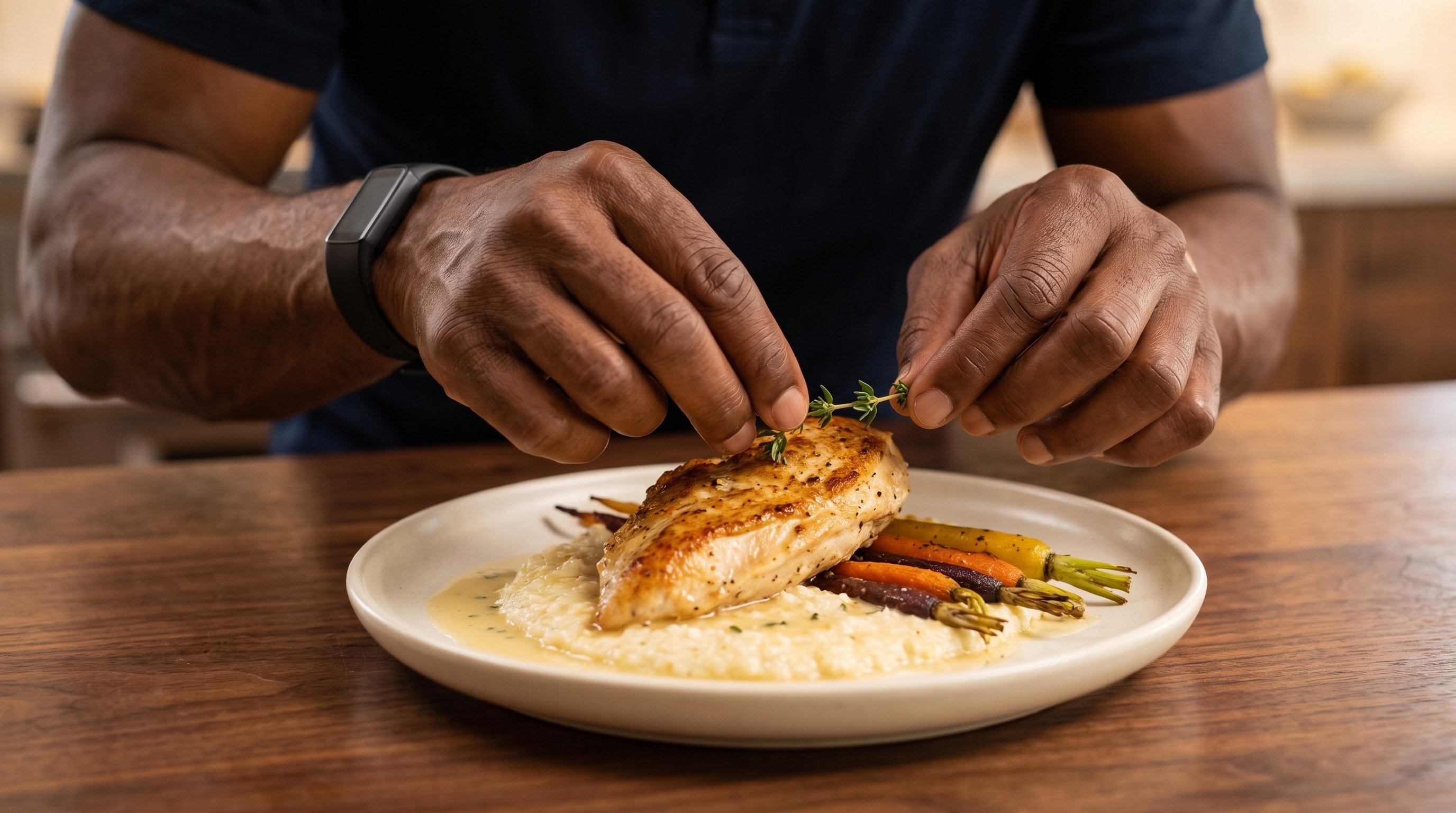 Chef garnishing a seared chicken breast with fresh thyme over creamy risotto and roasted heirloom carrots