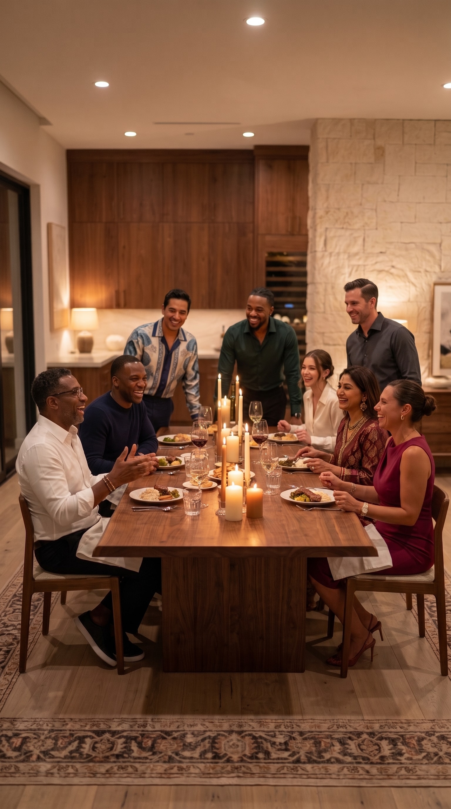 Adults laughing together at an elegant dining table