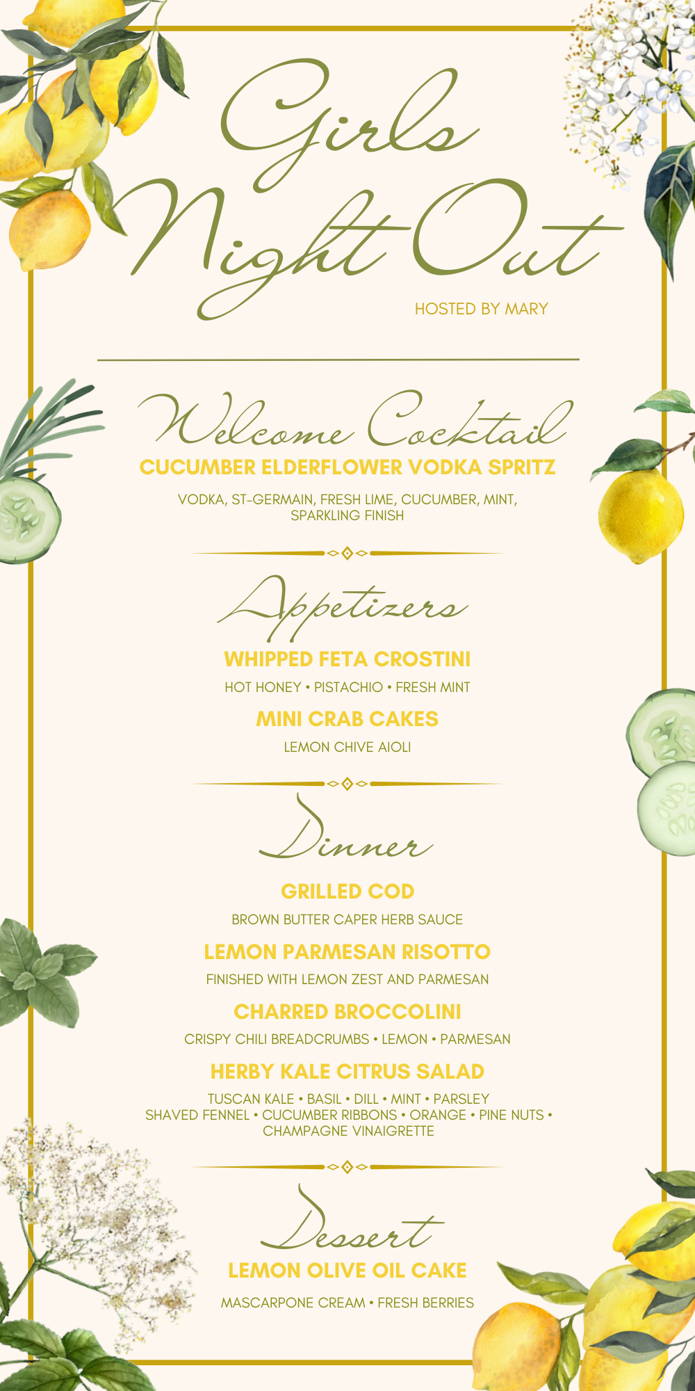 Girls Night Out menu card — cucumber elderflower spritz, whipped feta, mini crab cakes, grilled cod, lemon parmesan risotto, lemon olive oil cake
