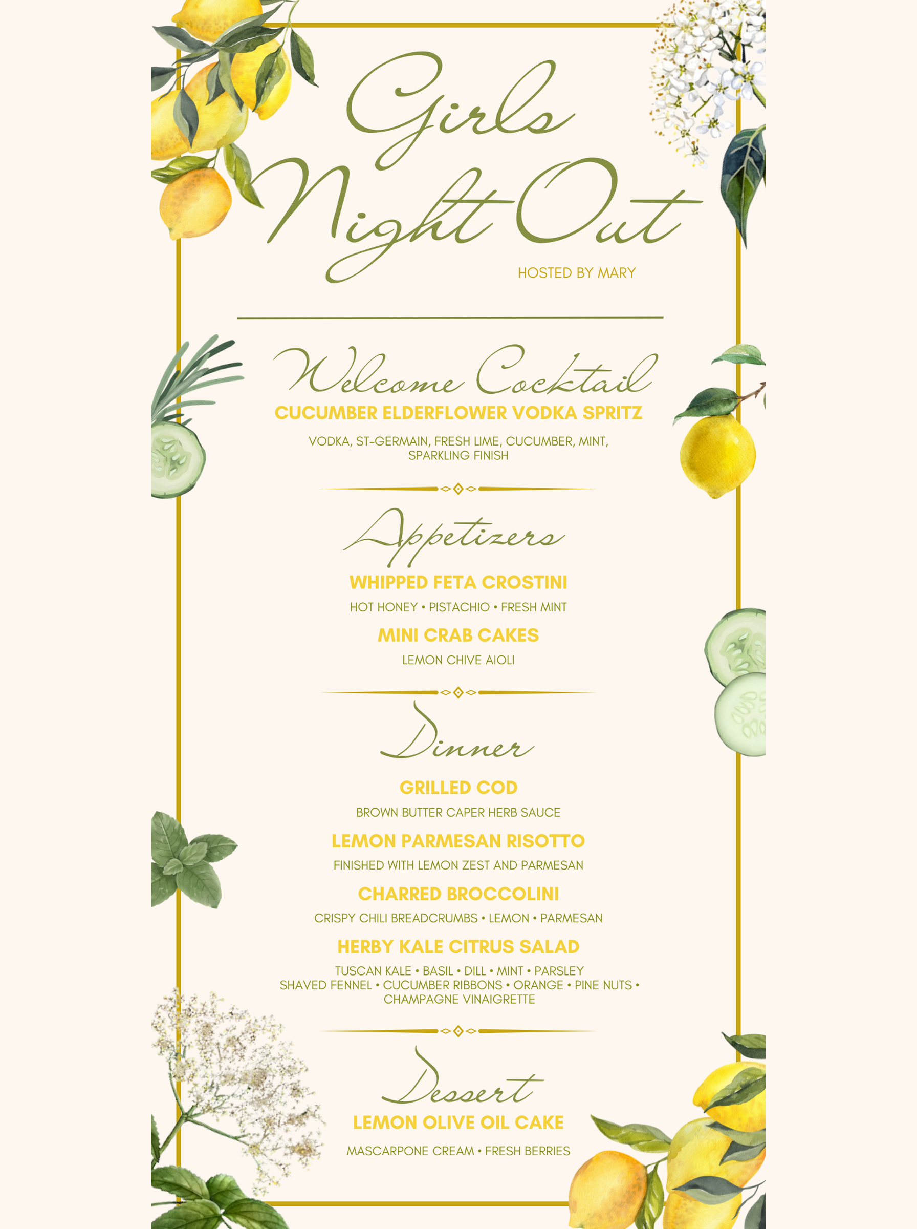 Menu III — Girls Night, Long Weekend
